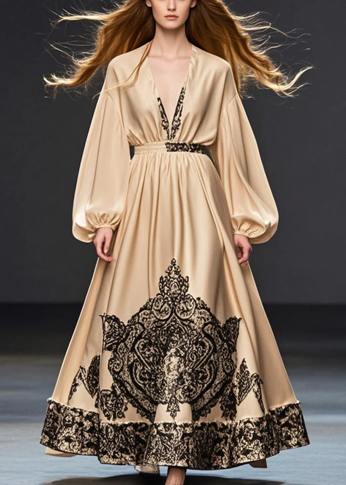 Women Khaki Deep-V Neck Print Silk Party Dress Spring - Image 3