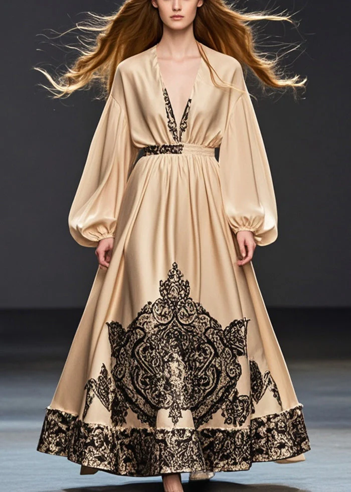 Women Khaki Deep-V Neck Print Silk Party Dress Spring - Image 5