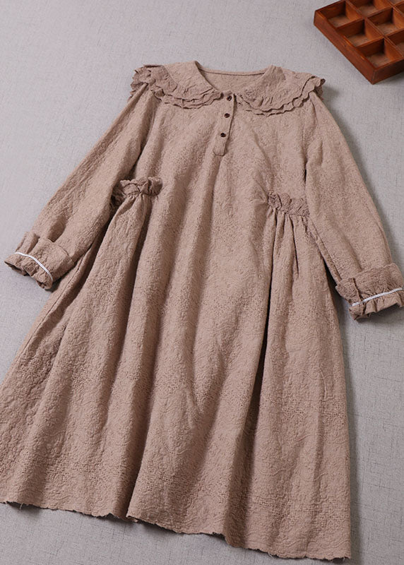 Women Khaki Embroideried Ruffled Cotton Vacation Dresses Long Sleeve - Image 2
