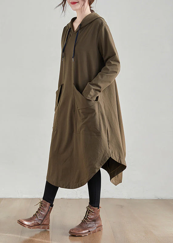 Women Khaki Hooded Pockets Patchwork Cotton Dress Fall - Image 4