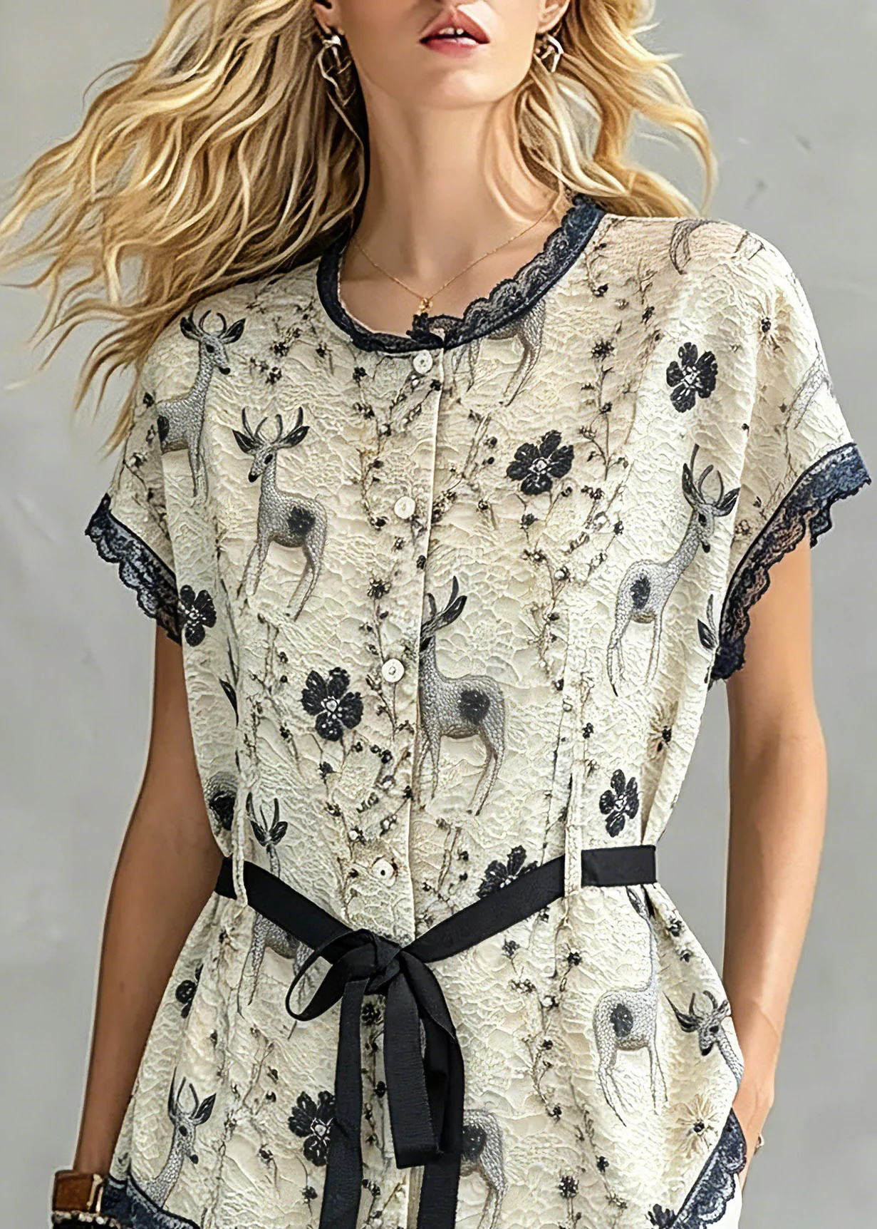Women Khaki Lace Patchwork Tie Waist Silk Tops Short Sleeve - Image 2