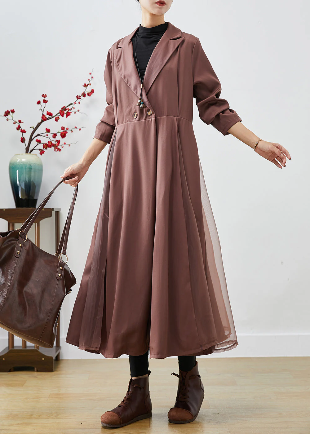 Women Khaki Lapel Exra Large Hem Patchwork Tulle Spandex Dress Fall - Image 2