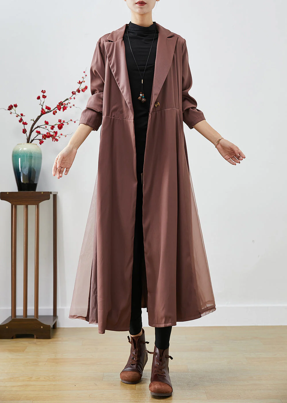 Women Khaki Lapel Exra Large Hem Patchwork Tulle Spandex Dress Fall - Image 3