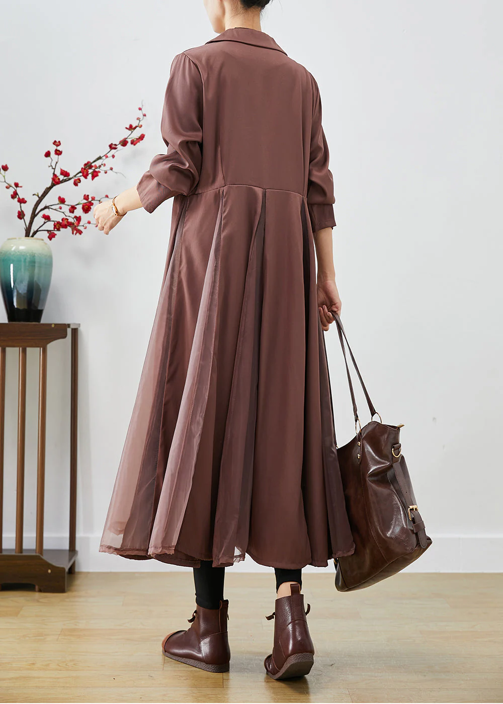 Women Khaki Lapel Exra Large Hem Patchwork Tulle Spandex Dress Fall - Image 4