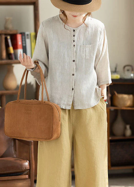 Women Khaki O Neck Button Pockets Linen Shirt Bracelet Sleeve - Image 4