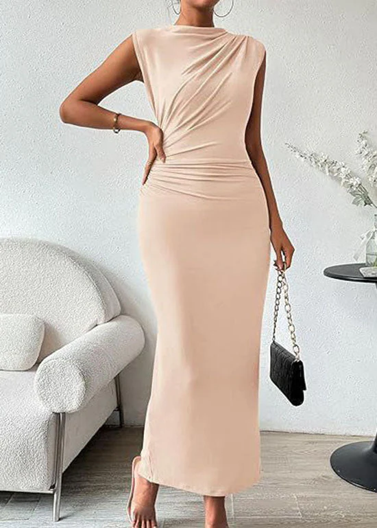 Women Khaki O Neck Wrinkled Cotton Long Dresses Sleeveless - Image 4
