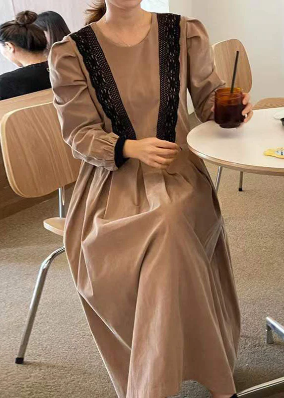 Women Khaki O Neck Wrinkled Patchwork Lace Cotton Dress Spring - Image 3