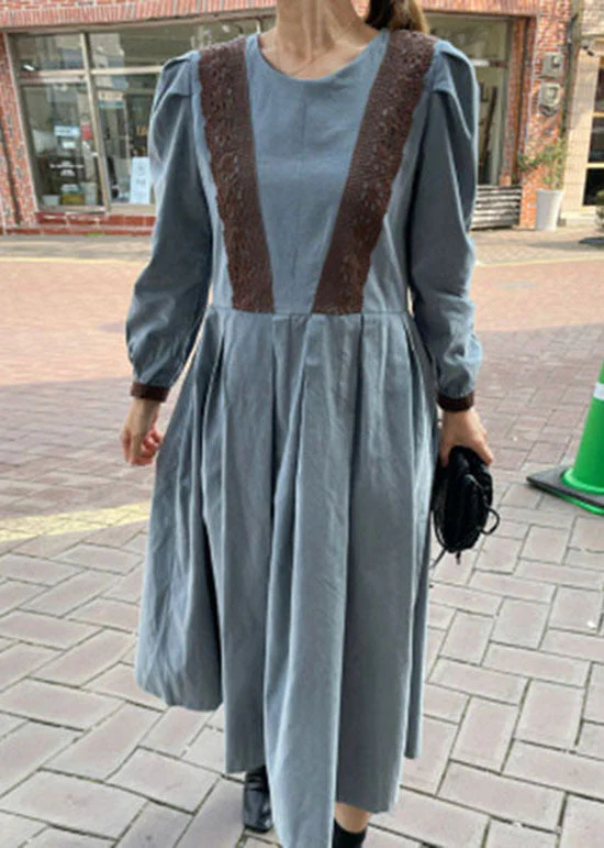 Women Khaki O Neck Wrinkled Patchwork Lace Cotton Dress Spring - Image 4