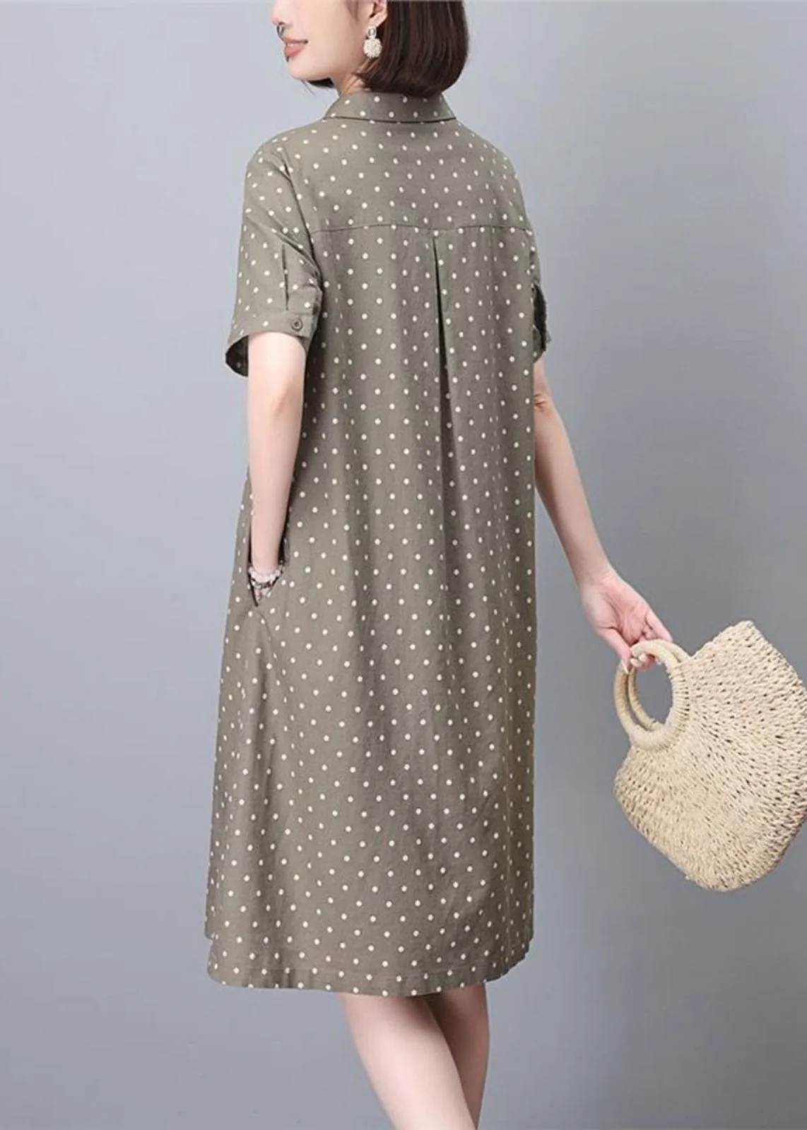 Women Khaki Peter Pan Collar Dot Print Work Dress Summer - Image 4