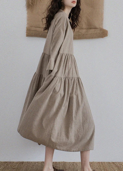 Women Khaki Pockets Wrinkled Patchwork Linen Dresses Fall - Image 2