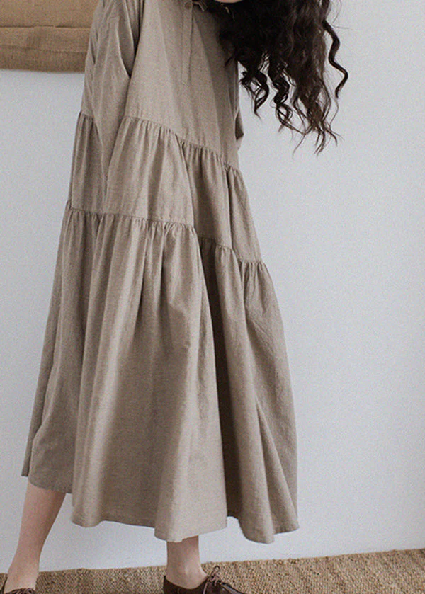 Women Khaki Pockets Wrinkled Patchwork Linen Dresses Fall - Image 4