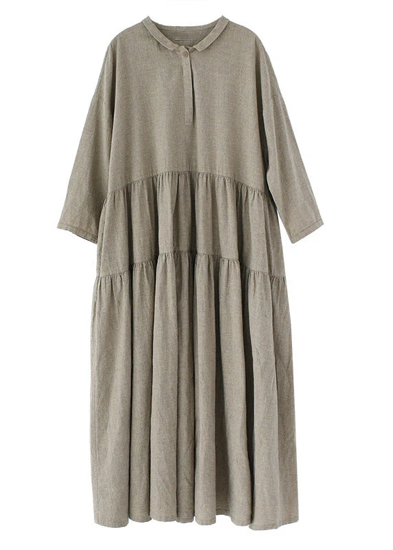 Women Khaki Pockets Wrinkled Patchwork Linen Dresses Fall - Image 5