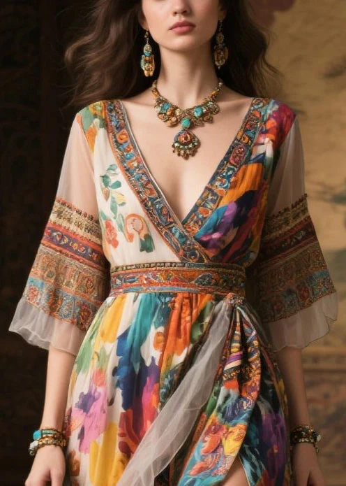 Women Khaki Print Exra Large Hem Chiffon Long Dresses Summer - Image 2