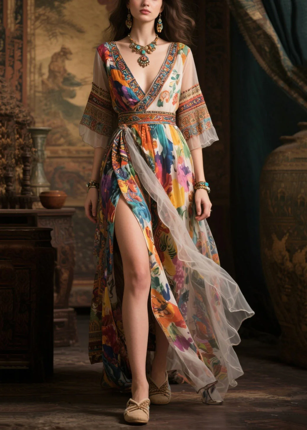 Women Khaki Print Exra Large Hem Chiffon Long Dresses Summer - Image 3