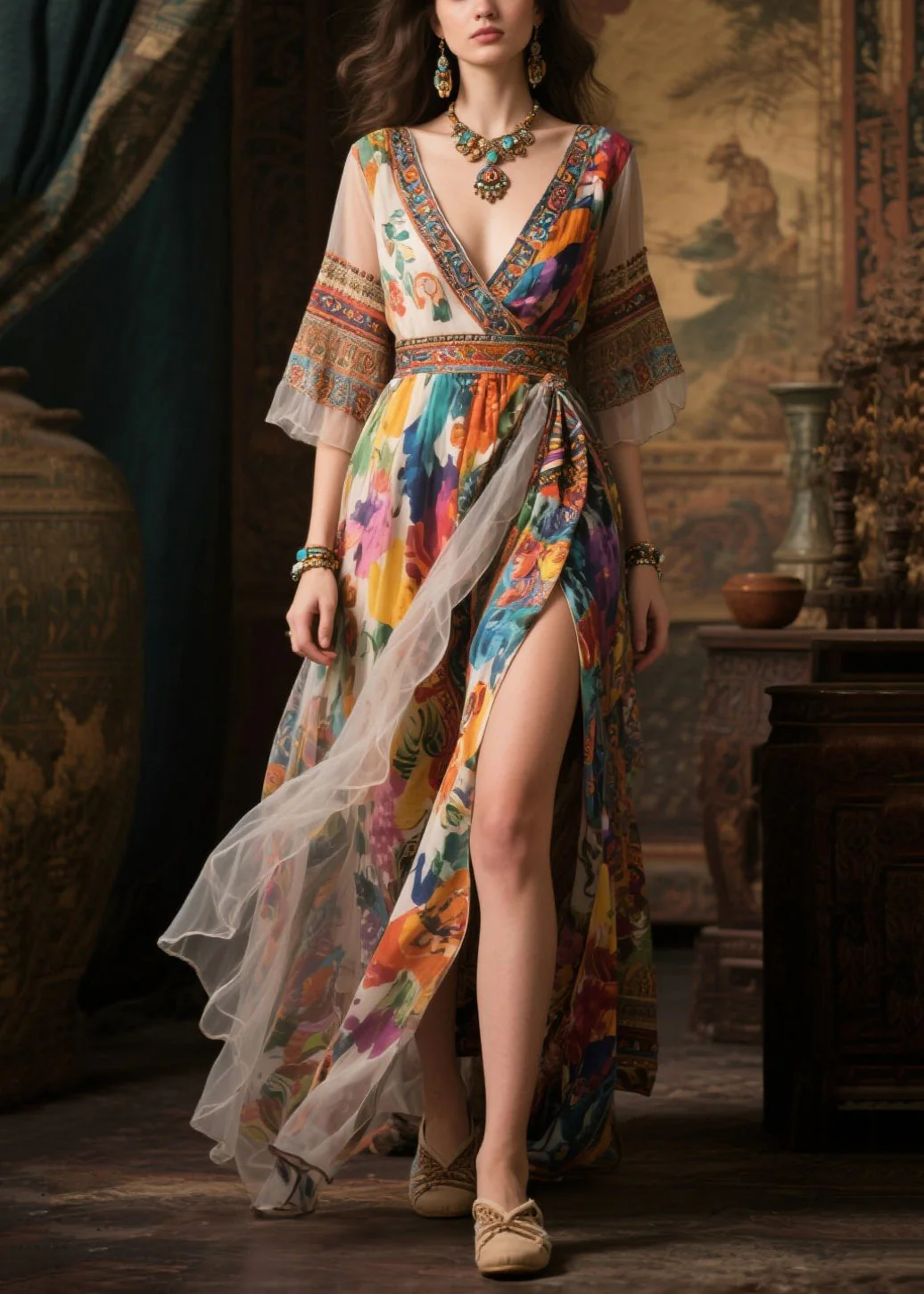Women Khaki Print Exra Large Hem Chiffon Long Dresses Summer - Image 5