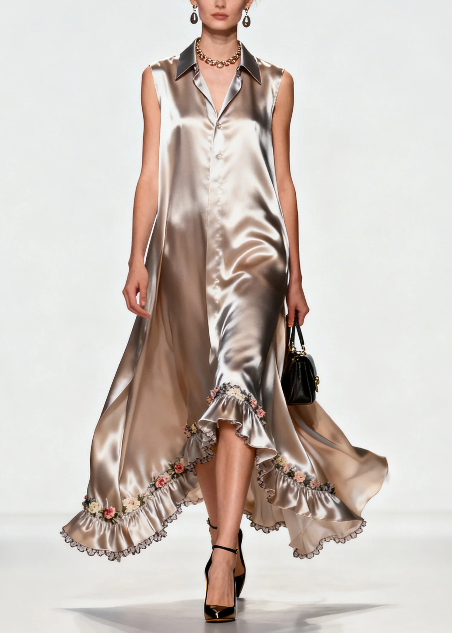 Women Khaki Ruffled Floral Silk Robe Dresses Sleeveless - Image 3