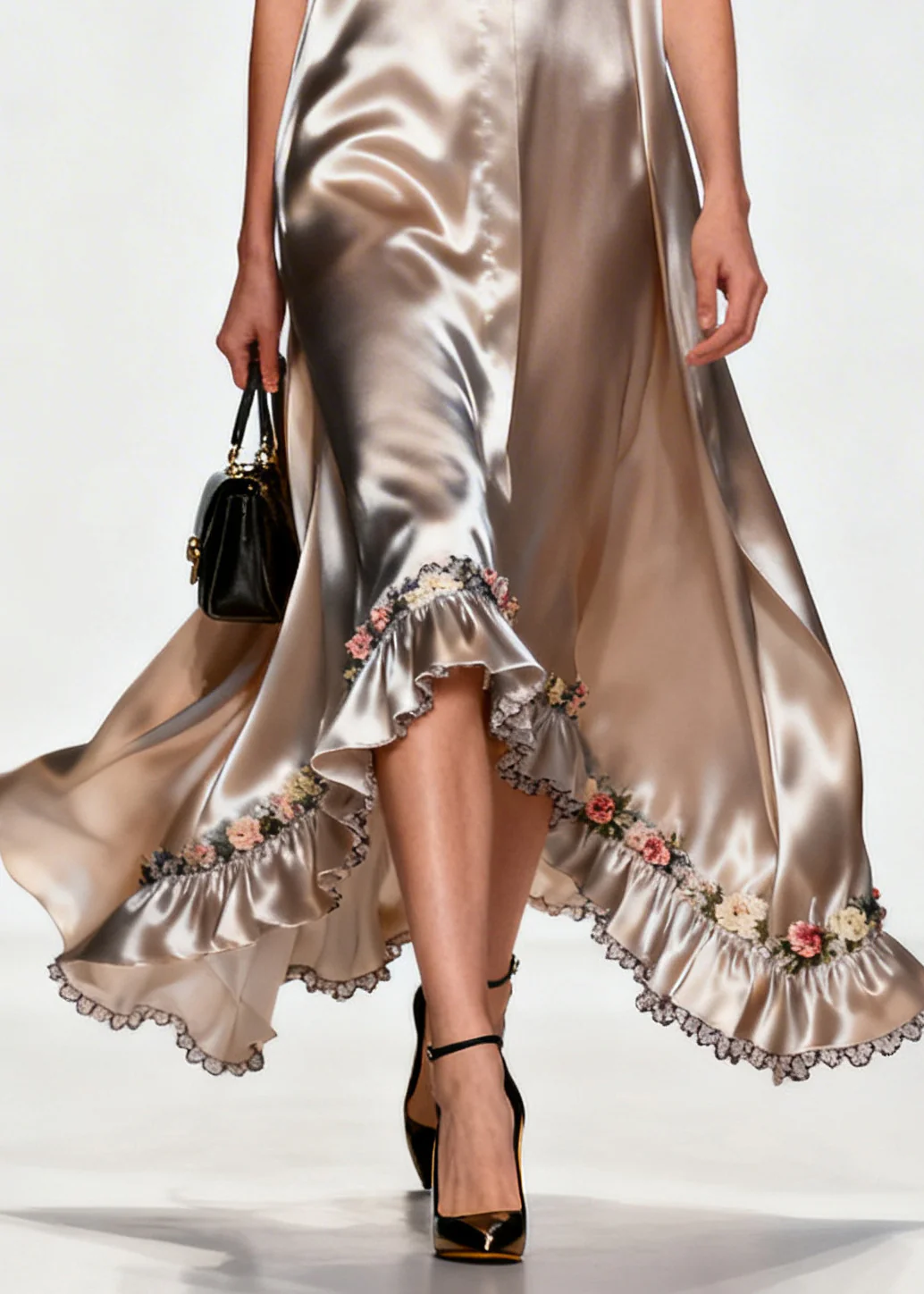 Women Khaki Ruffled Floral Silk Robe Dresses Sleeveless - Image 4