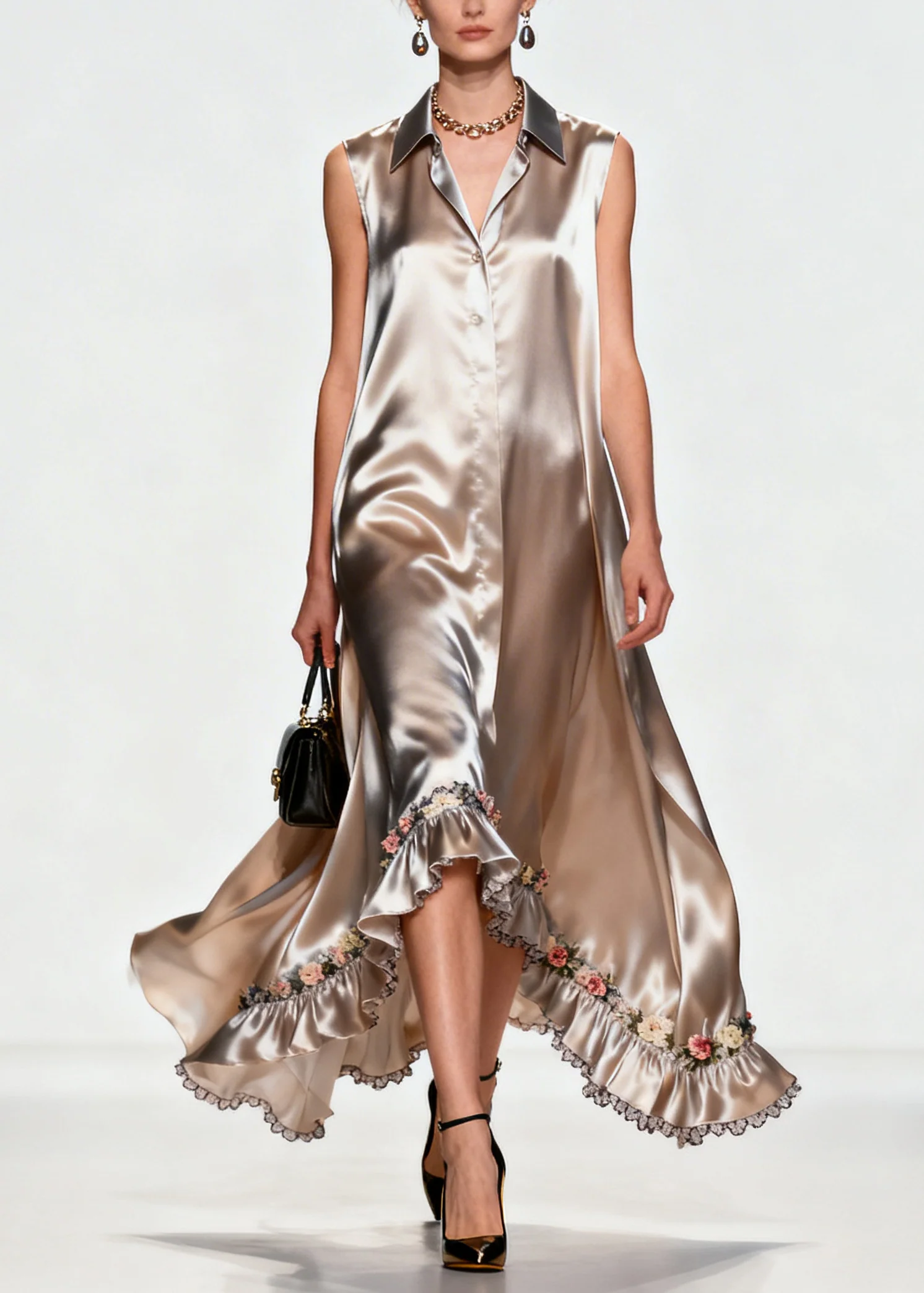 Women Khaki Ruffled Floral Silk Robe Dresses Sleeveless - Image 5