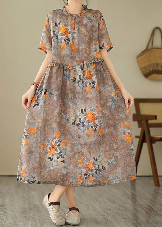 Women Khaki Ruffled Print Patchwork Cotton Dresses Summer - Image 2