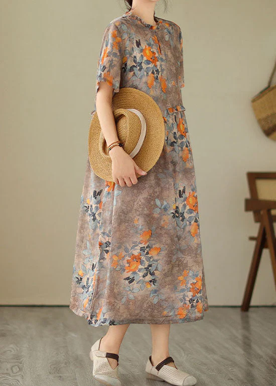 Women Khaki Ruffled Print Patchwork Cotton Dresses Summer - Image 3