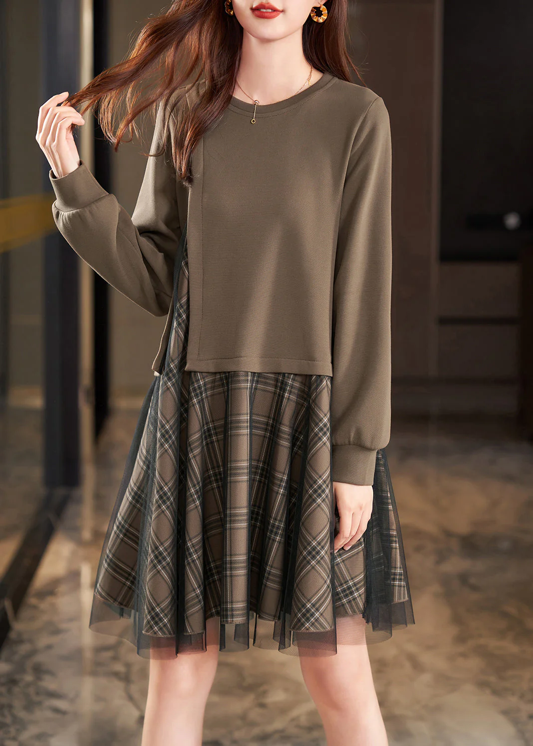 Women Khaki Side Open Patchwork Cotton Fake Two Piece Dress Spring - Image 2