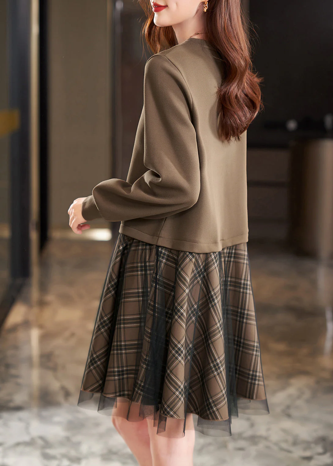 Women Khaki Side Open Patchwork Cotton Fake Two Piece Dress Spring - Image 3