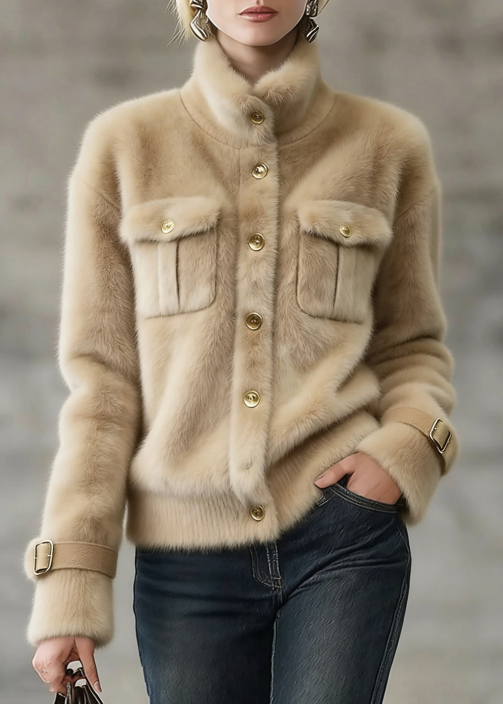 Women Khaki Stand Collar Pockets Faux Fur Coats Winter - Image 3
