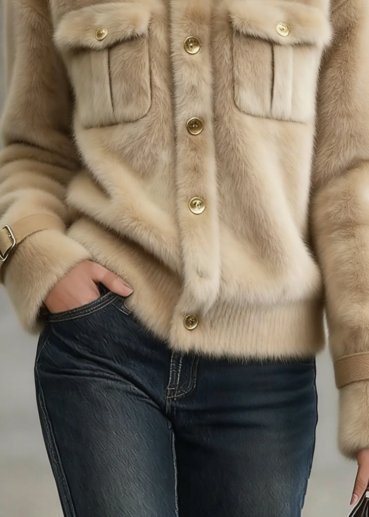 Women Khaki Stand Collar Pockets Faux Fur Coats Winter - Image 4