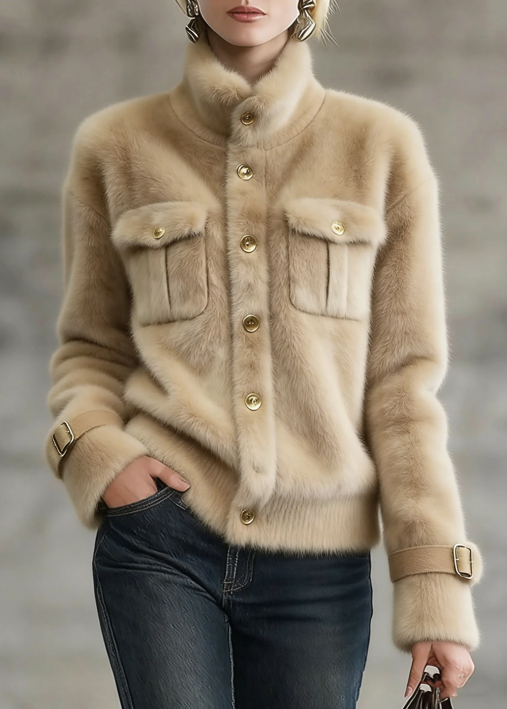 Women Khaki Stand Collar Pockets Faux Fur Coats Winter - Image 5