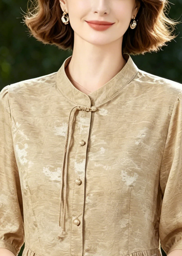 Women Khaki Tasseled Wrinkled Silk Blouse Tops Half Sleeve - Image 2