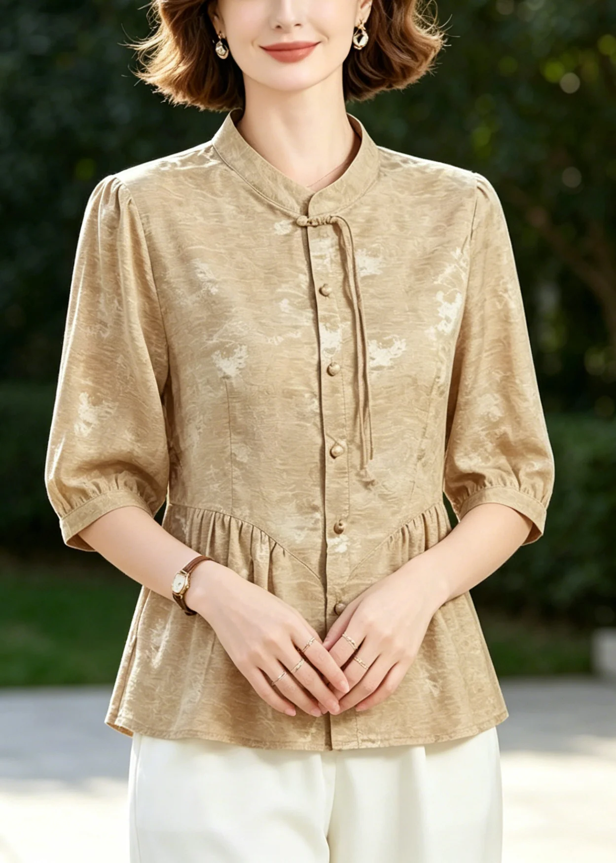 Women Khaki Tasseled Wrinkled Silk Blouse Tops Half Sleeve - Image 3