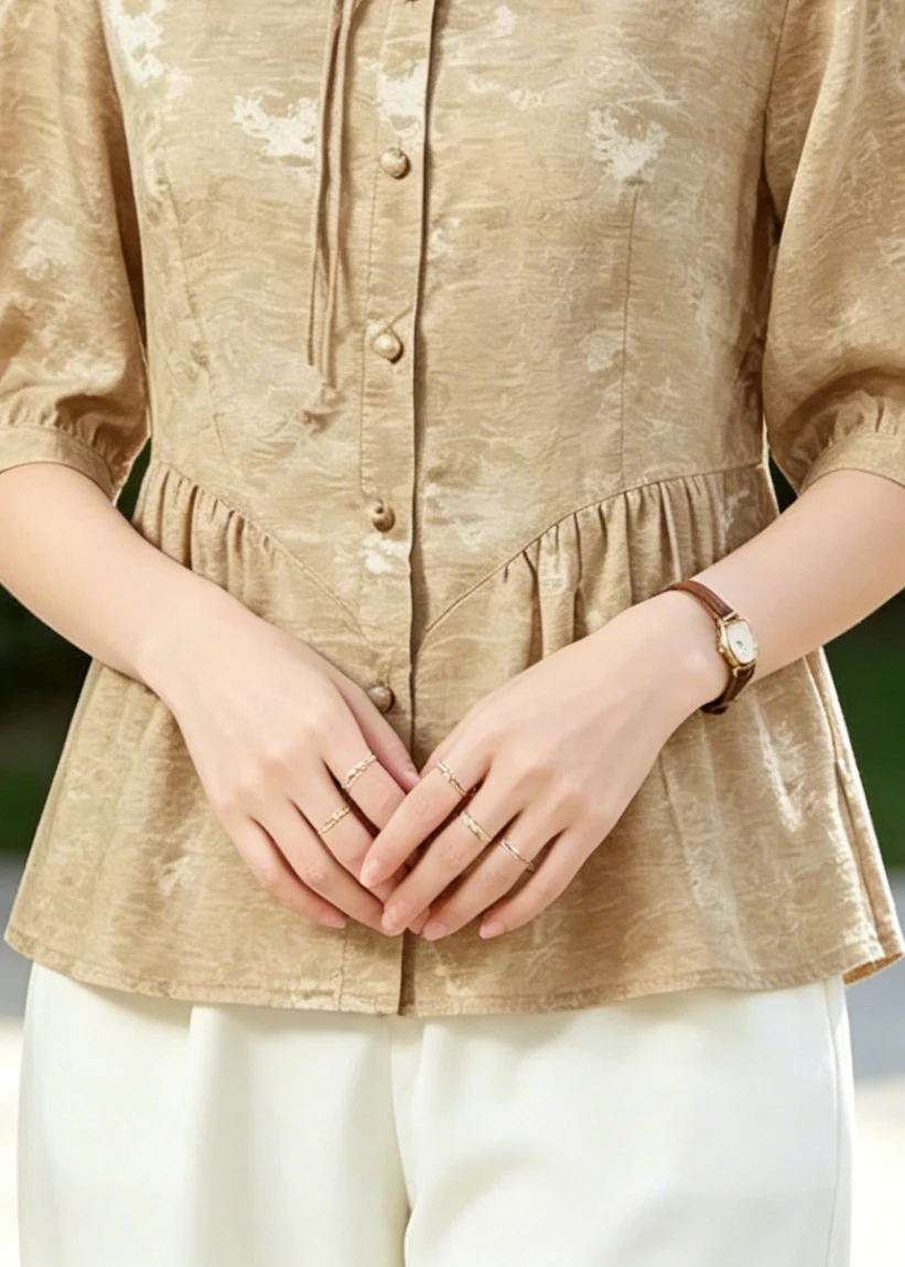 Women Khaki Tasseled Wrinkled Silk Blouse Tops Half Sleeve - Image 4