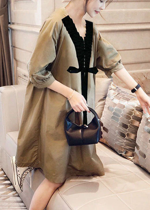 Women Khaki V Neck Bow Casual Fall Half Sleeve Shirts dress - Image 2
