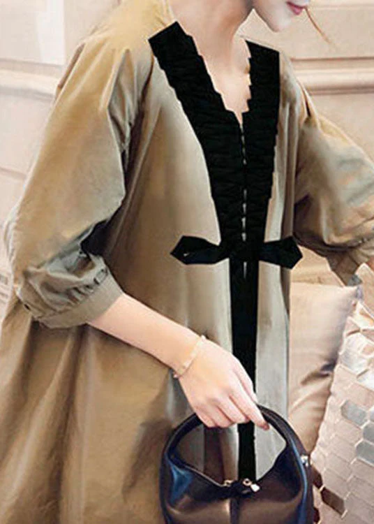 Women Khaki V Neck Bow Casual Fall Half Sleeve Shirts dress - Image 3