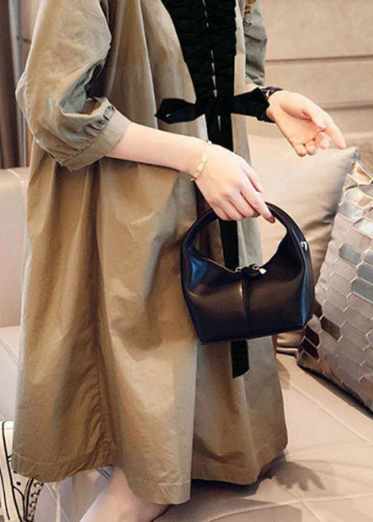 Women Khaki V Neck Bow Casual Fall Half Sleeve Shirts dress - Image 4