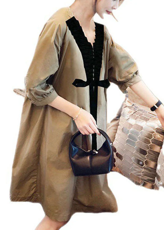 Women Khaki V Neck Bow Casual Fall Half Sleeve Shirts dress - Image 5