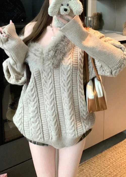 Women Khaki V Neck Fluffy Patchwork Cable Knit Sweaters Winter - Image 2