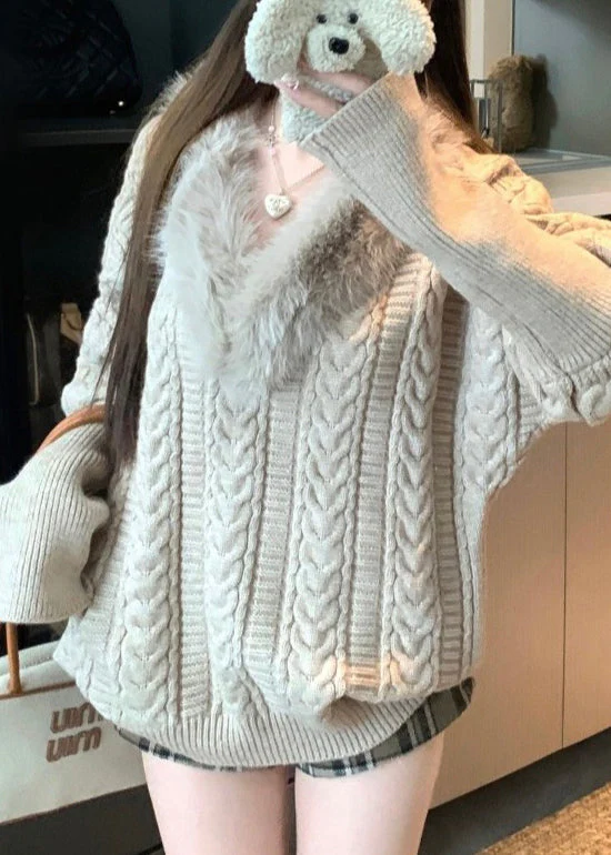 Women Khaki V Neck Fluffy Patchwork Cable Knit Sweaters Winter - Image 3