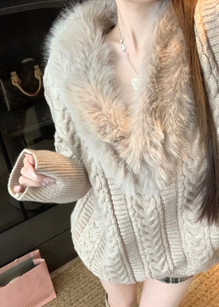 Women Khaki V Neck Fluffy Patchwork Cable Knit Sweaters Winter - Image 5