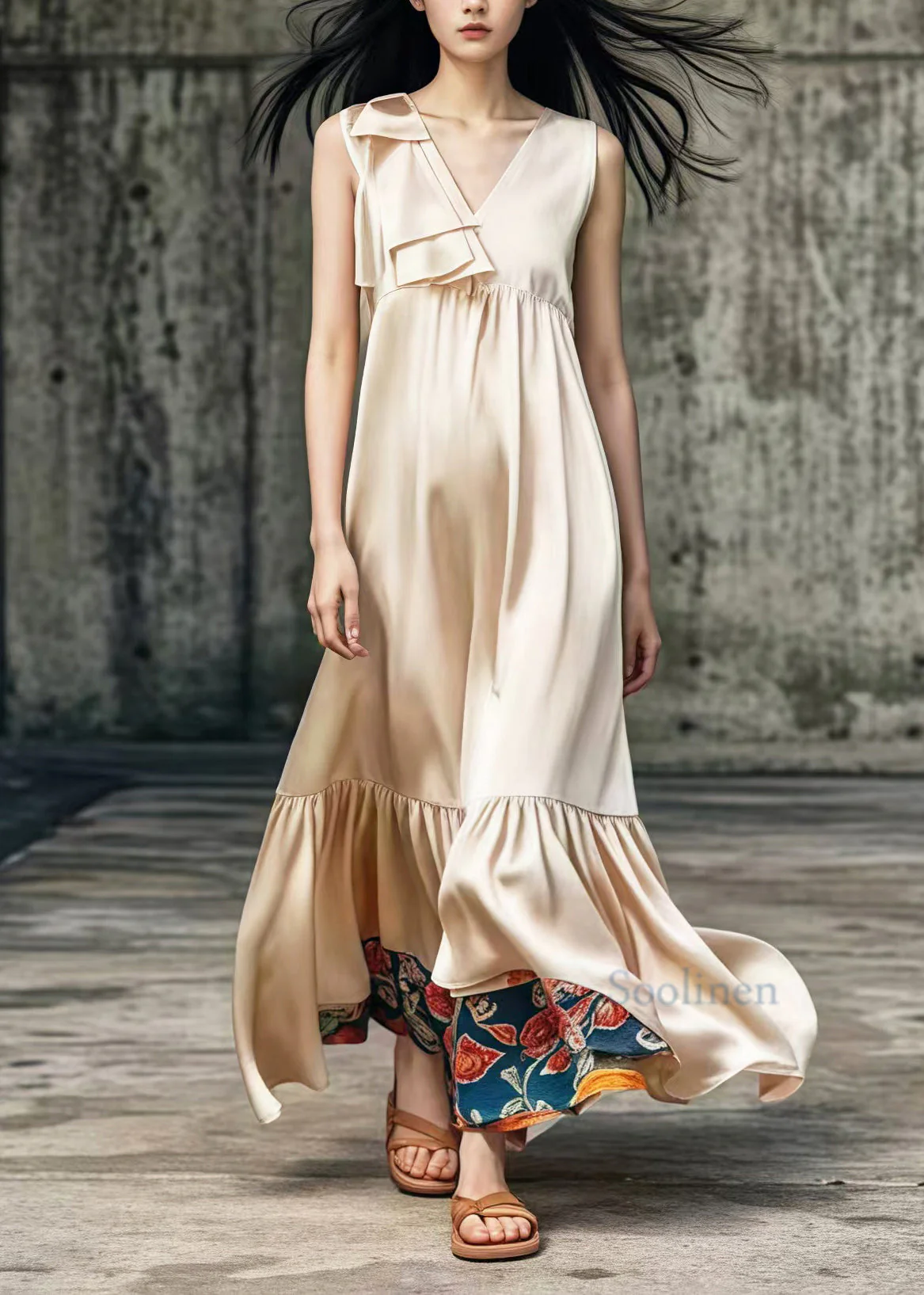 Women Khaki V Neck Patchwork Draping Silk Long Dress Summer - Image 2
