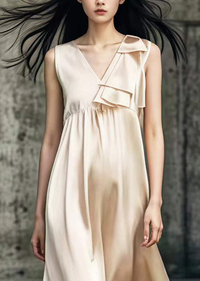 Women Khaki V Neck Patchwork Draping Silk Long Dress Summer - Image 3