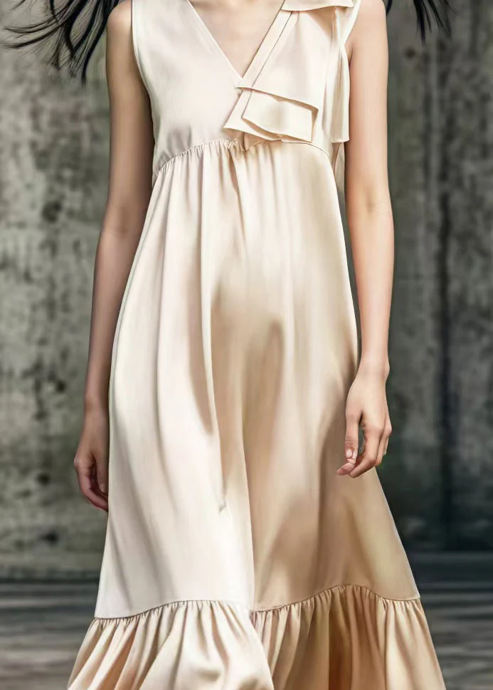 Women Khaki V Neck Patchwork Draping Silk Long Dress Summer - Image 4