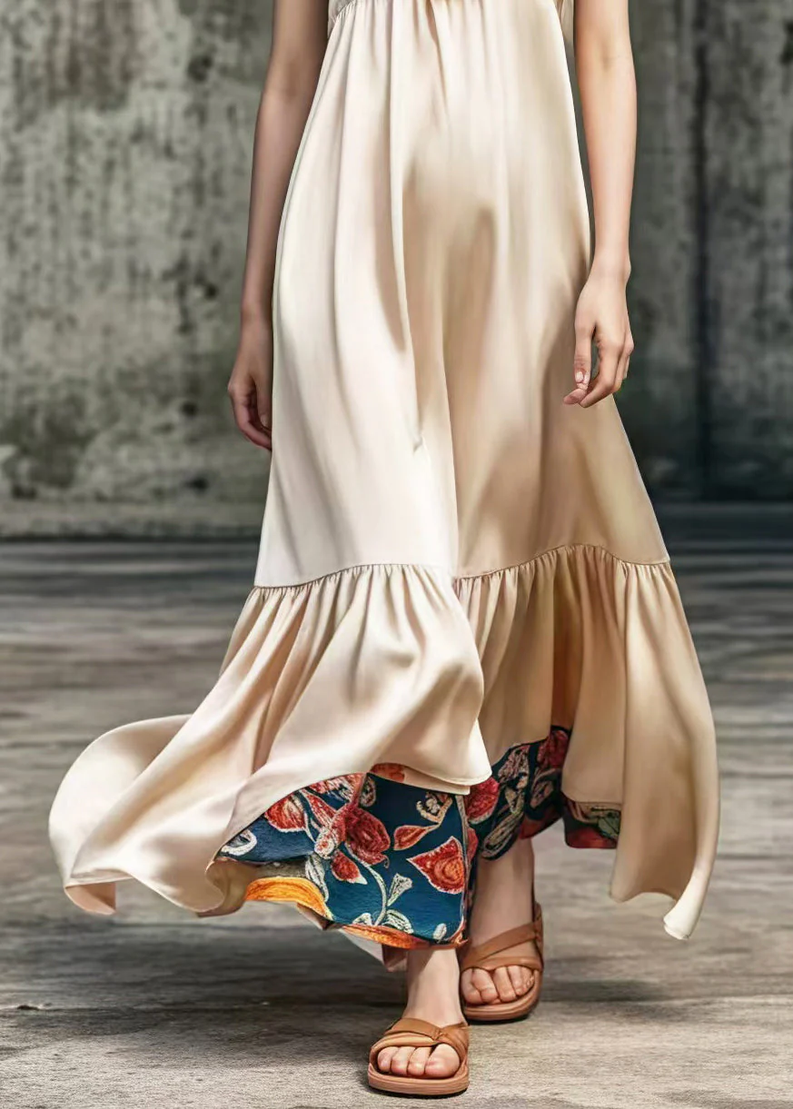 Women Khaki V Neck Patchwork Draping Silk Long Dress Summer - Image 5