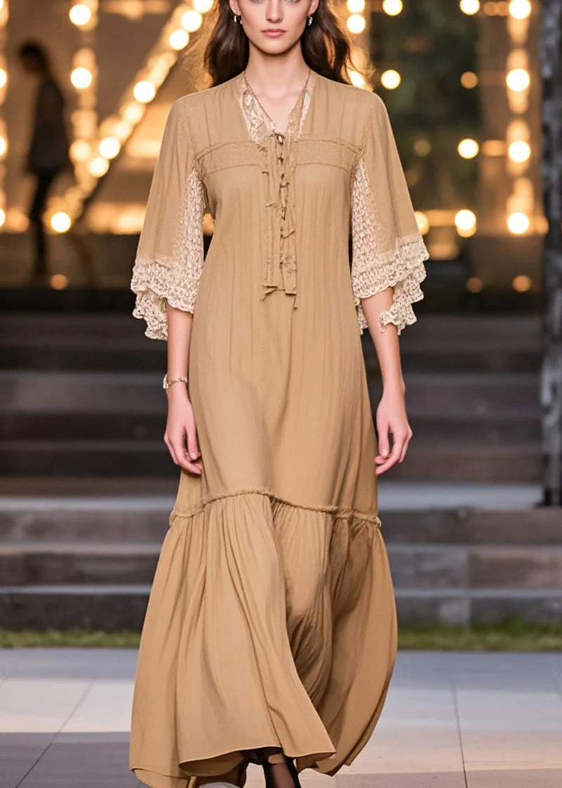 Women Khaki V Neck Patchwork Lace Cotton Robe Dress Summer - Image 3