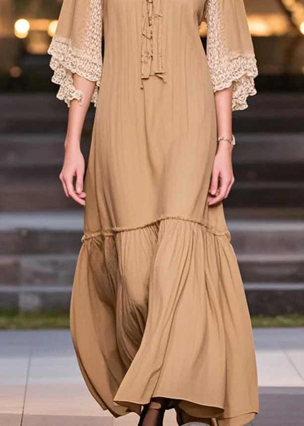 Women Khaki V Neck Patchwork Lace Cotton Robe Dress Summer - Image 4