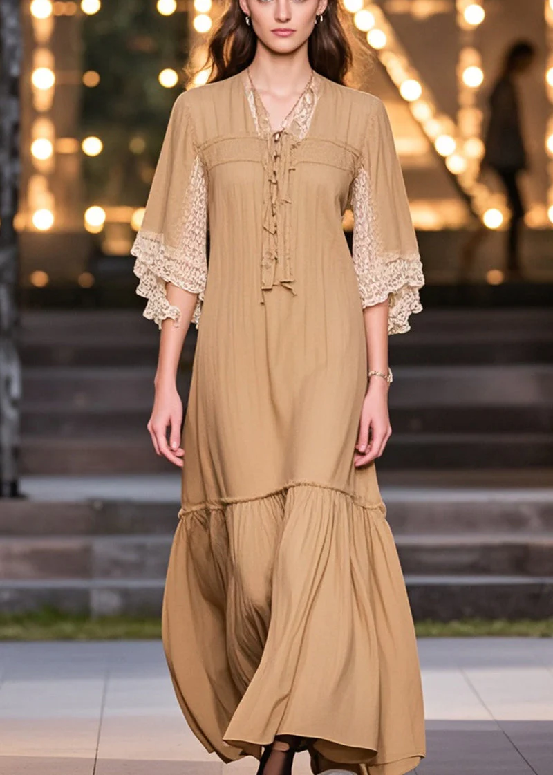 Women Khaki V Neck Patchwork Lace Cotton Robe Dress Summer - Image 5