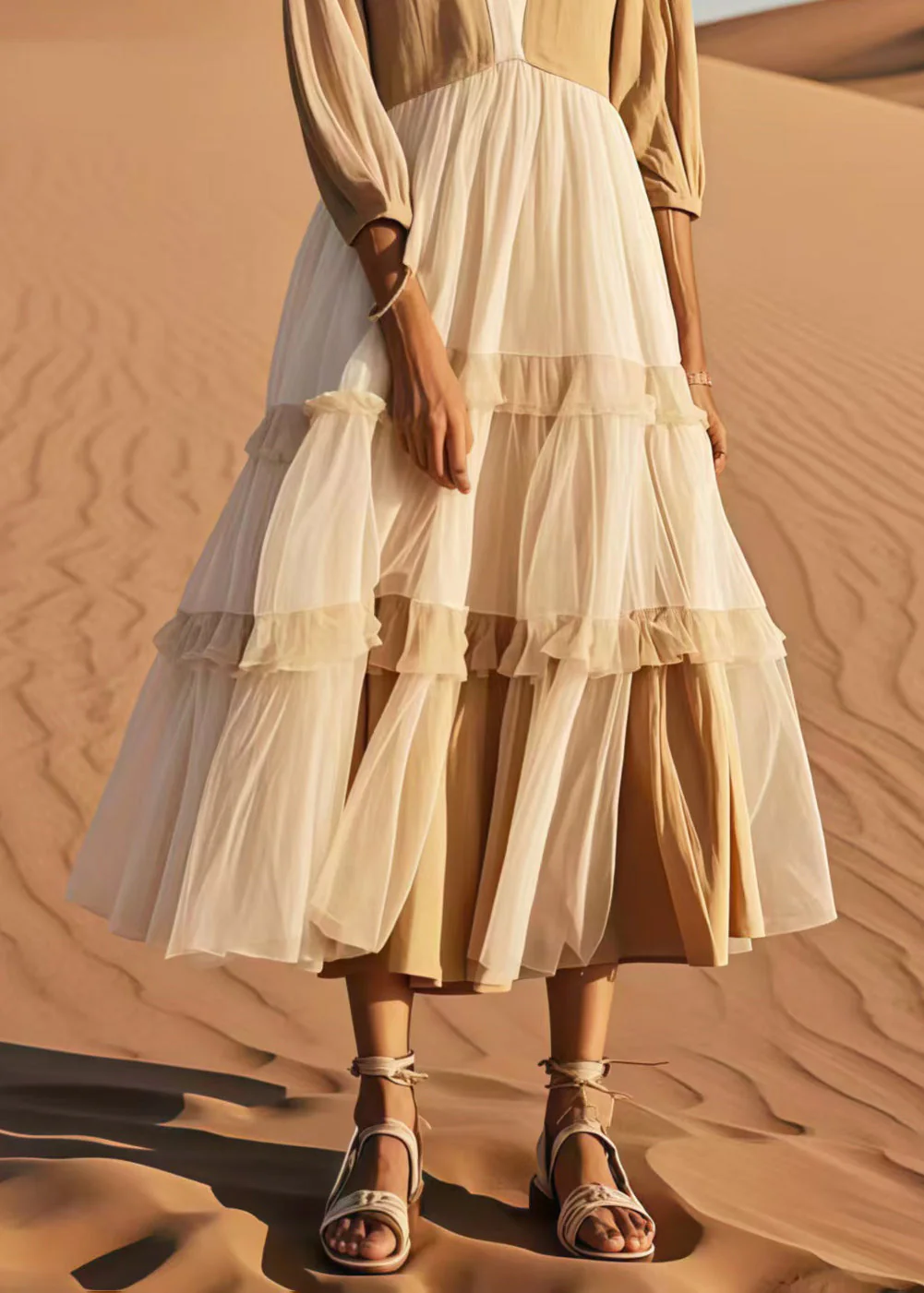 Women Khaki V Neck Patchwork Tulle Dress Bracelet Sleeve - Image 4
