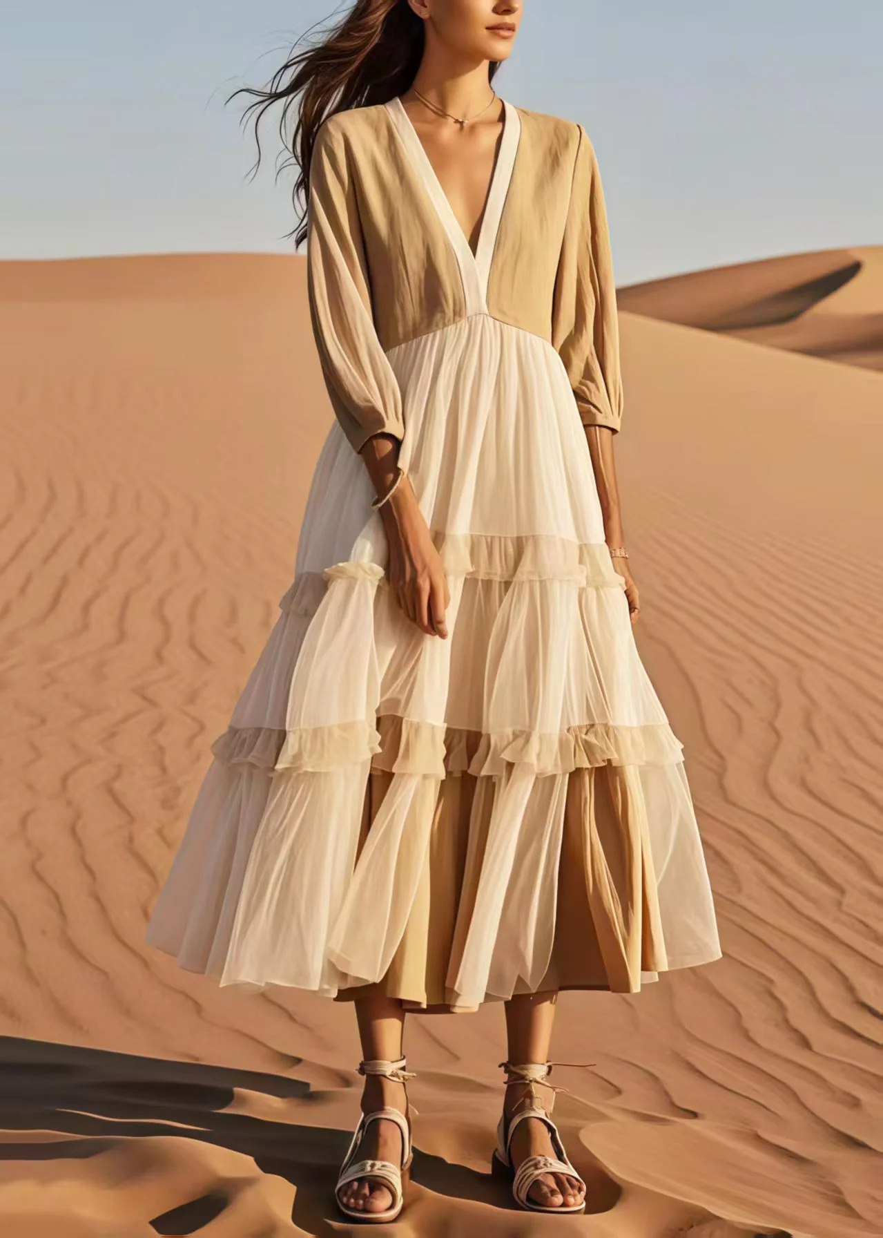 Women Khaki V Neck Patchwork Tulle Dress Bracelet Sleeve - Image 5