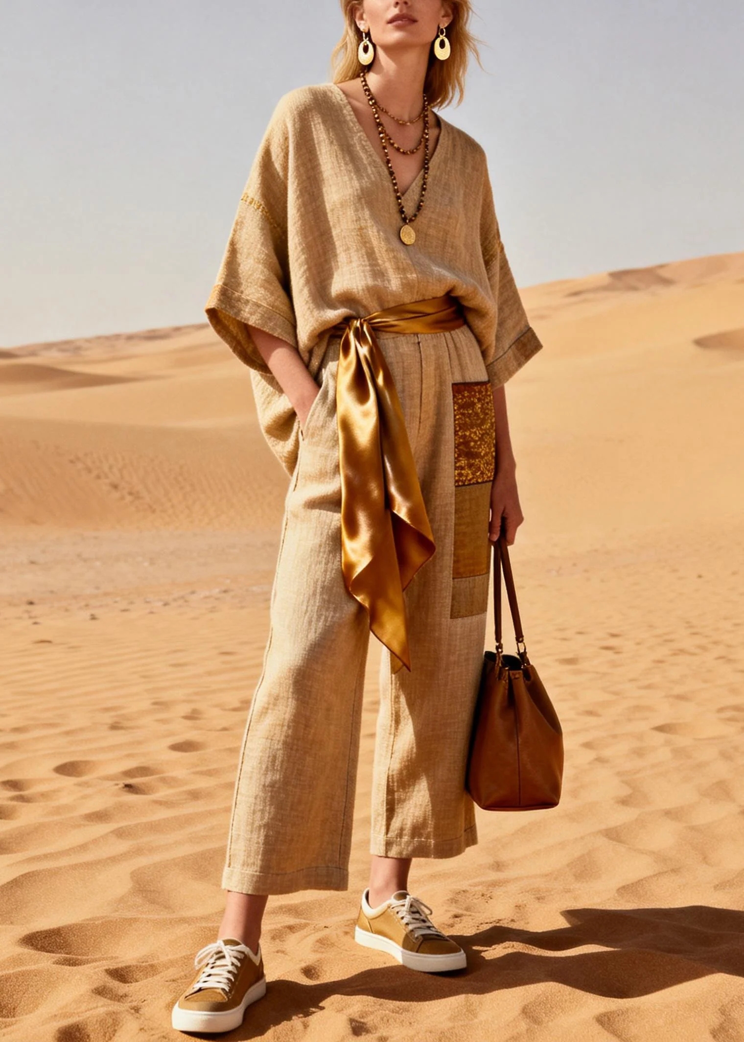 Women Khaki V Neck Pockets Tie Waist Patchwork Linen Jumpsuit Summer - Image 3