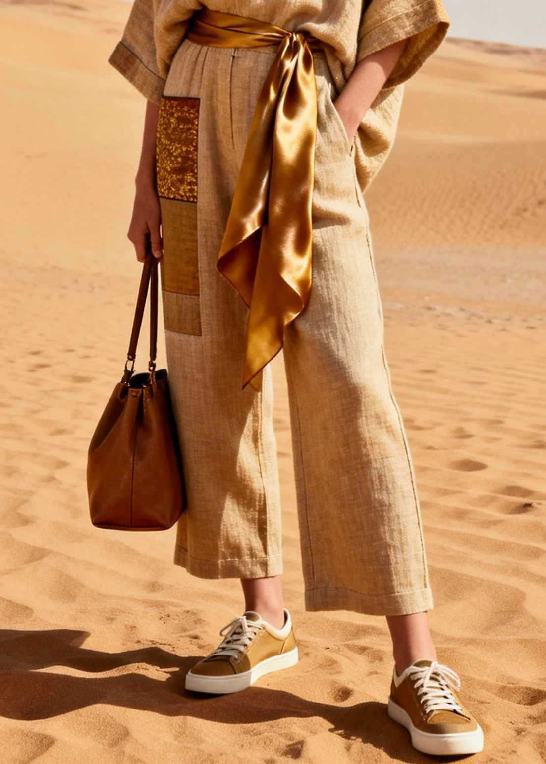 Women Khaki V Neck Pockets Tie Waist Patchwork Linen Jumpsuit Summer - Image 4